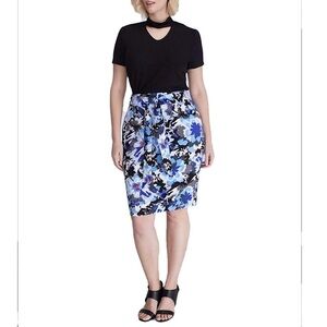 Lane Bryant‎ Skirt Blue Floral High Waisted Stretchy Belted Straight Pencil
